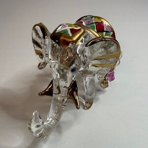 VTG Good Luck Colorful Gold Accent Glass Elephant Trunk Up Blue Eyes Exquisite